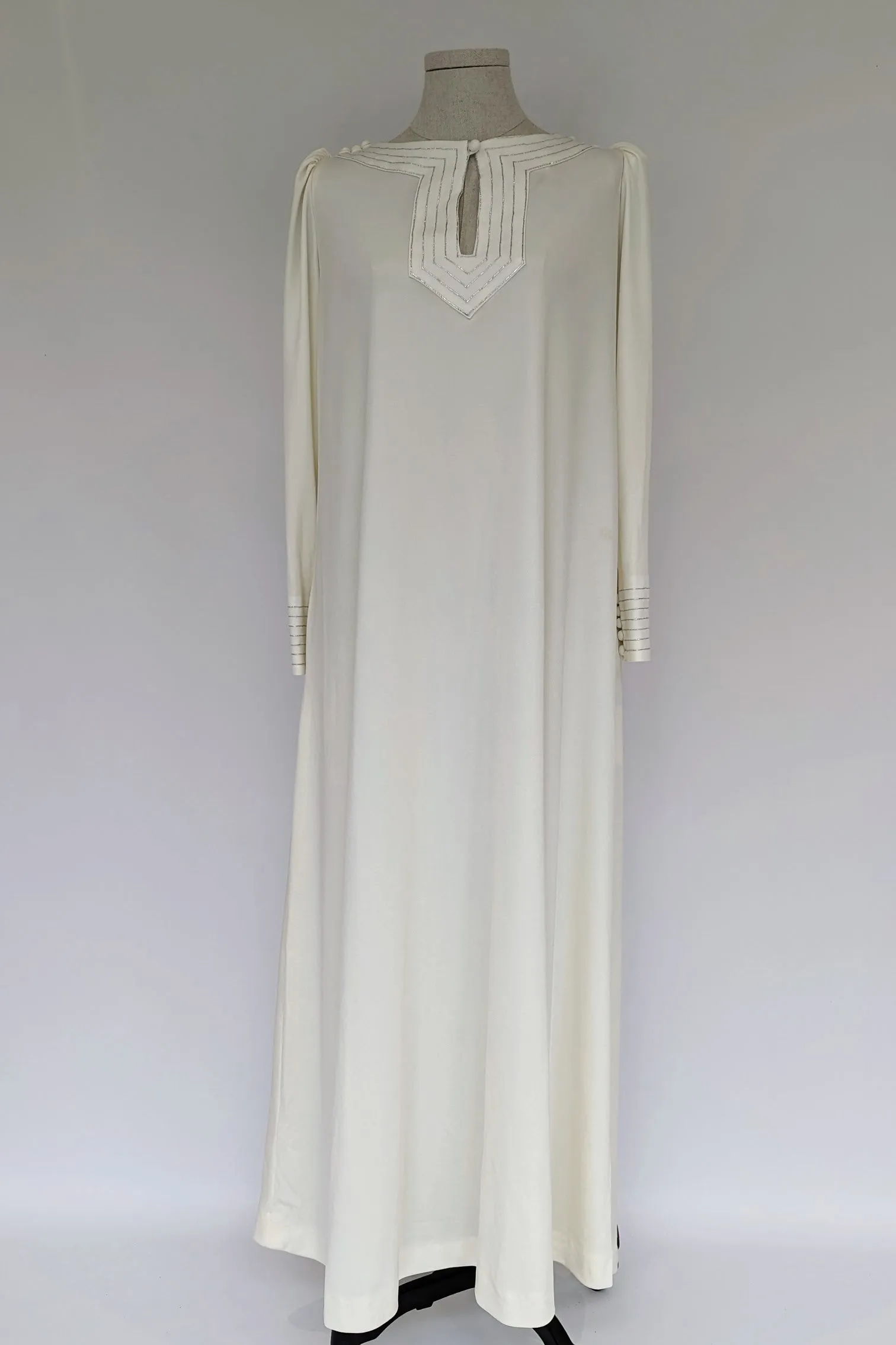 1970s Jean Varon Long White Maxi Evening Dress with Silver Stitching Design and Pockets
