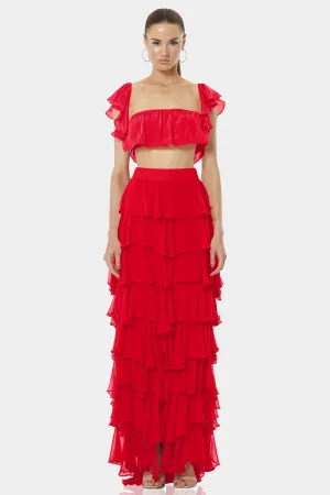 Almyra Flaming Red Long Ruffle Skirt With Side Split