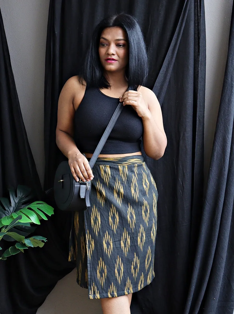 Black and Mustard Handwoven Ikat Cotton Wrap Skirt