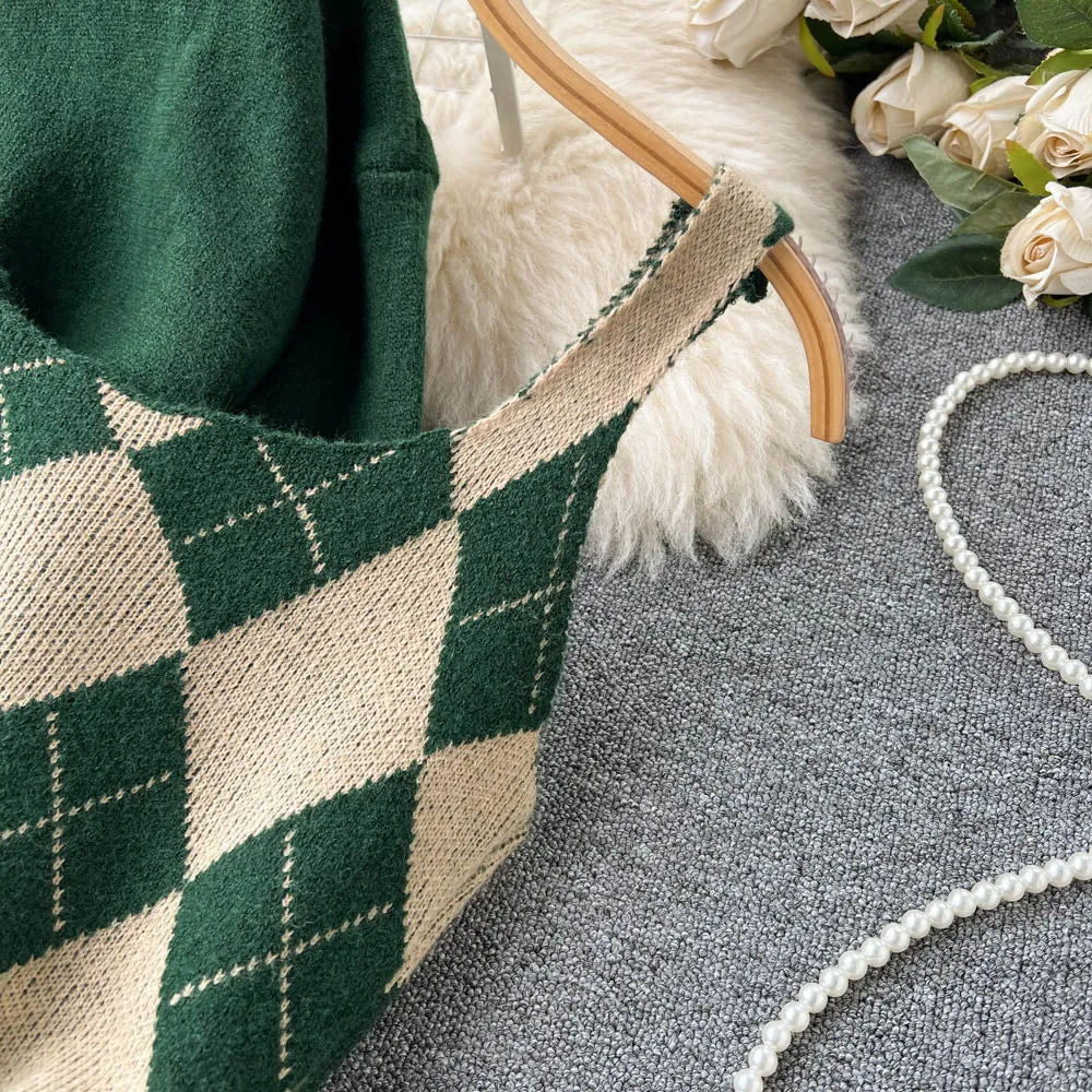 Cardigan&Rhombus Slip Dress Knitted 2Pcs