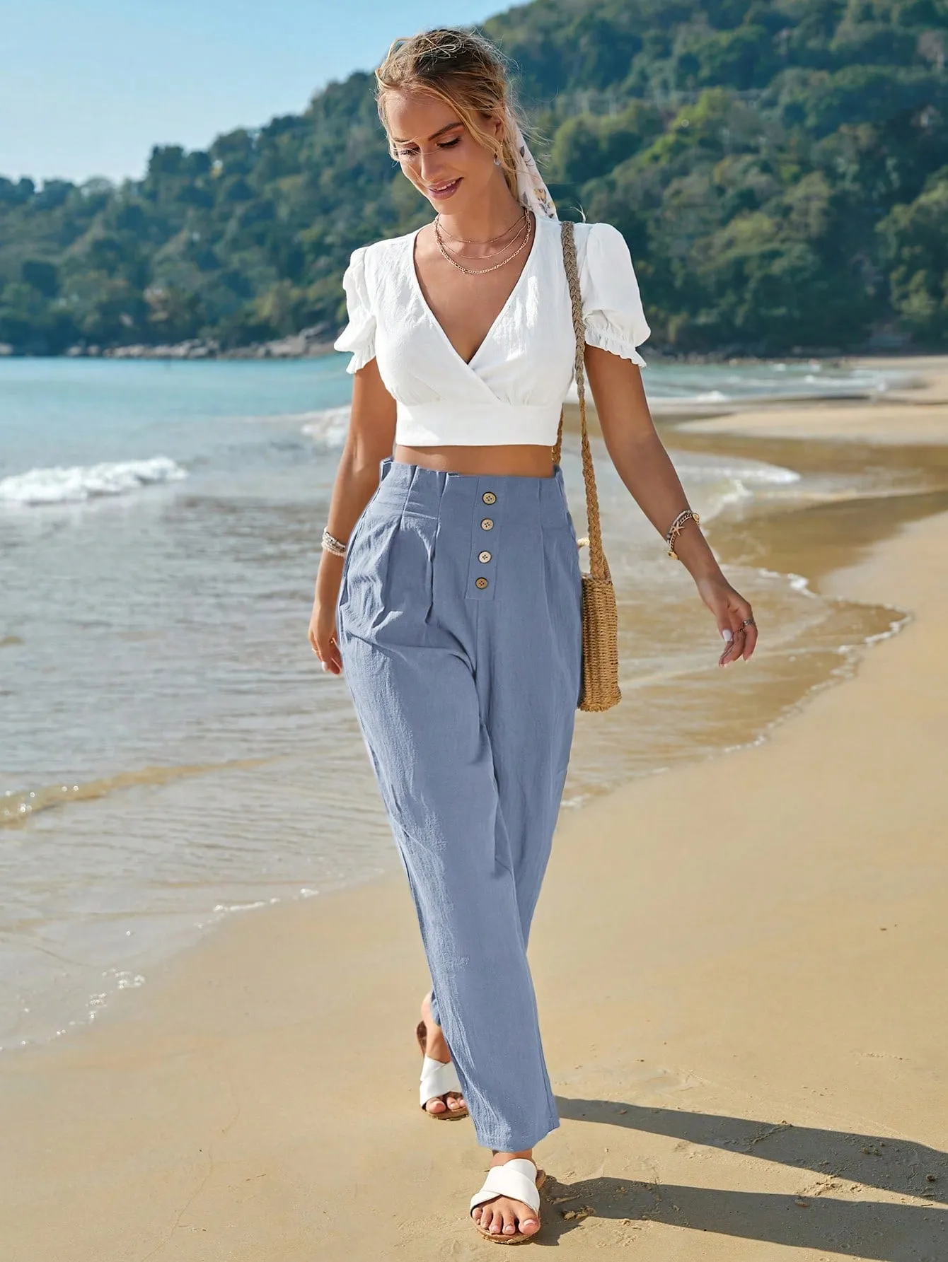 Frenchy High Waist Button Fly Fold Pleated Pants