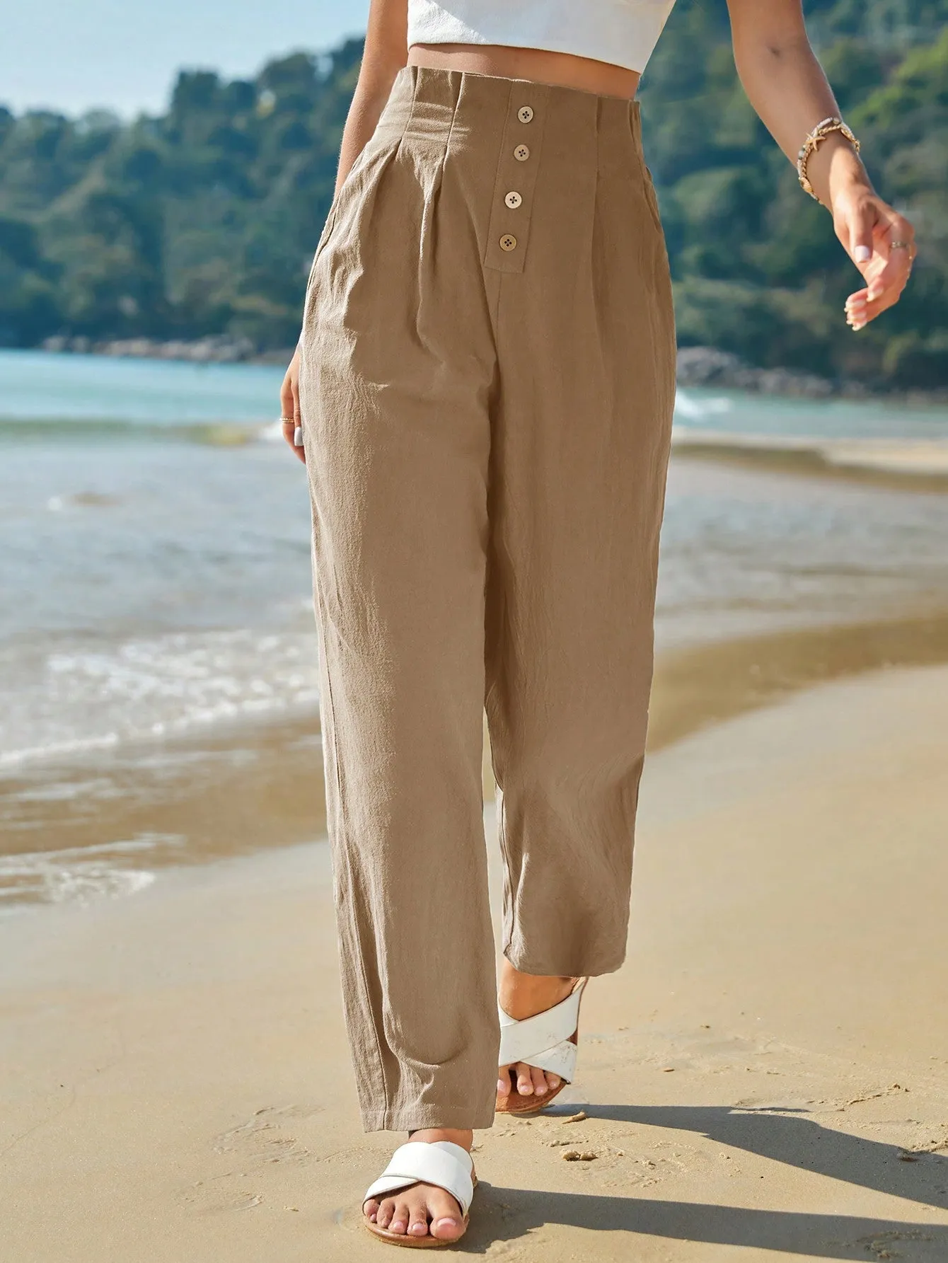 Frenchy High Waist Button Fly Fold Pleated Pants