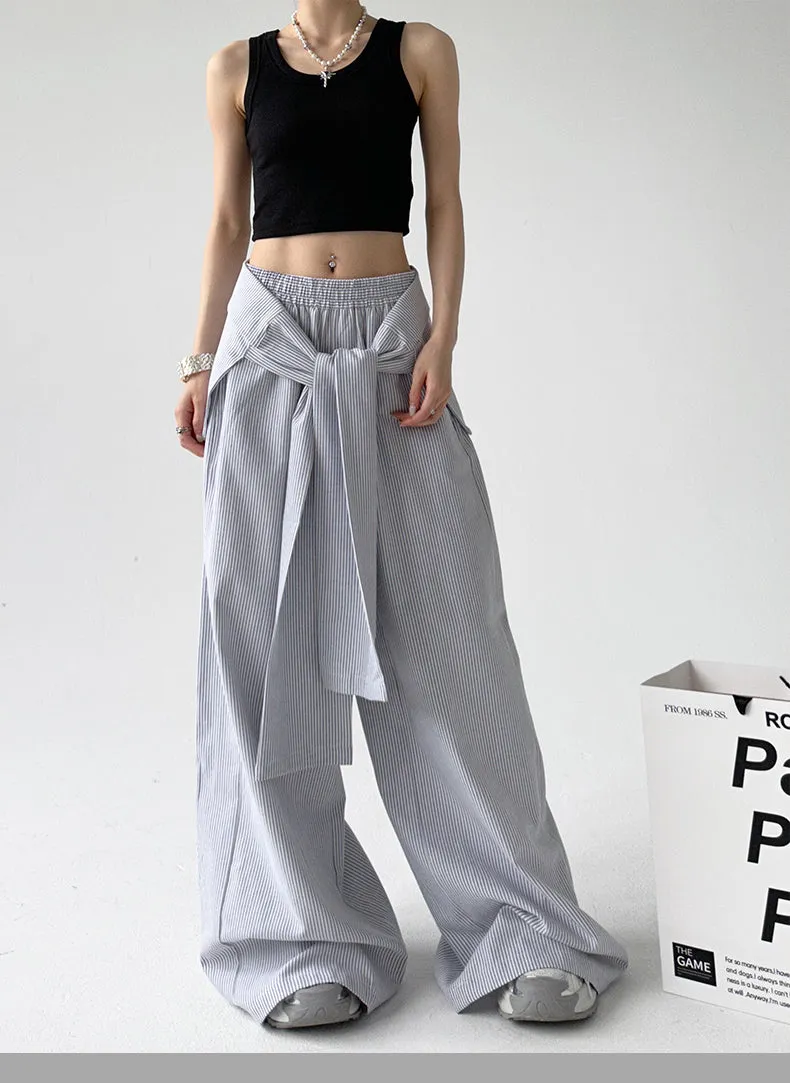 Loose Comfy Striped Lace-up Wide-leg Pants