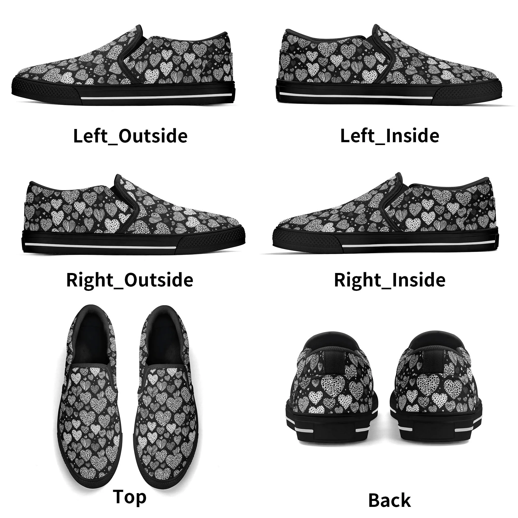 Mens Black and White Hearts Rubber Slip On Shoes