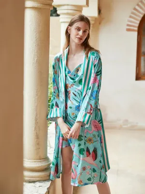 Slessic Satin Unique Stripe Flamingo Pattern Robe Slip Nightdress Set