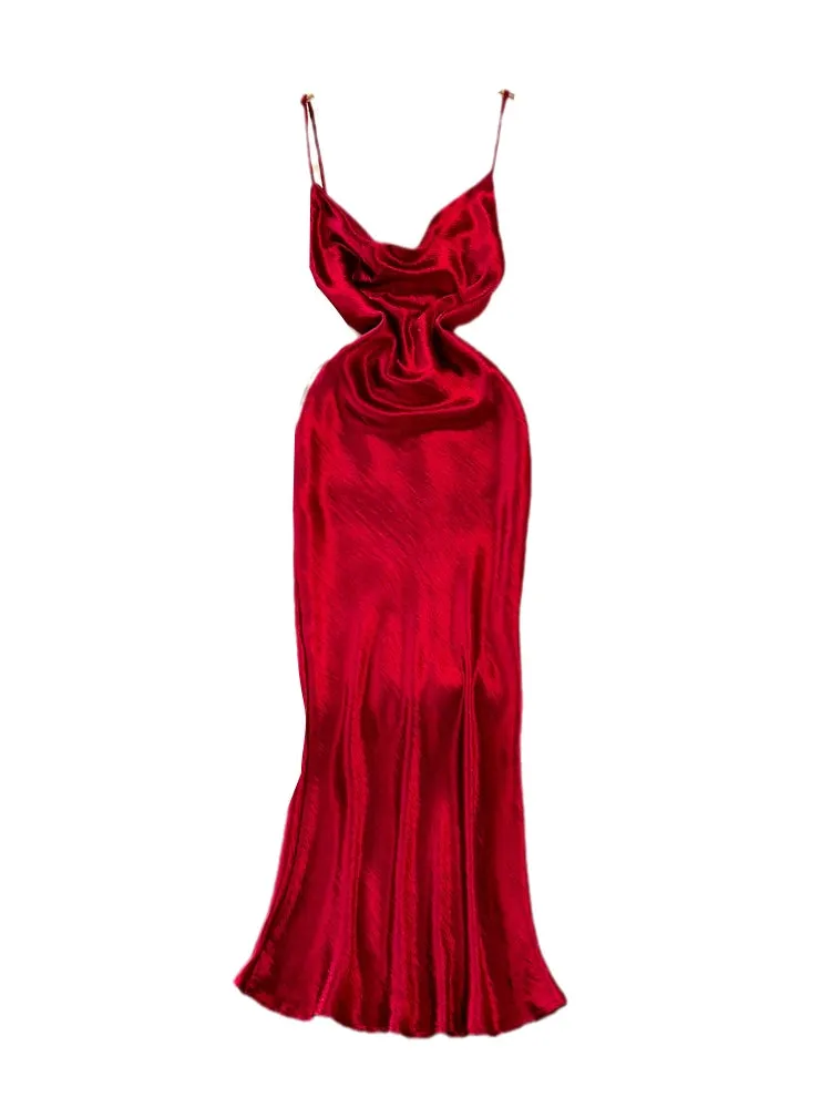 Vintage Draped Glossy Red Slip Dress